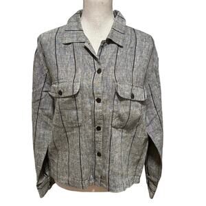 Chicos Design Size 1 US S Linen Button Front Shirt Top Grey Striped TINY FLAW